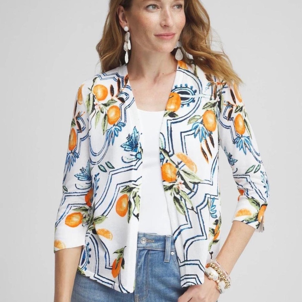 Chico’s Island Orange Print Open Front Cardigan Sweater Sz 2 L NWT